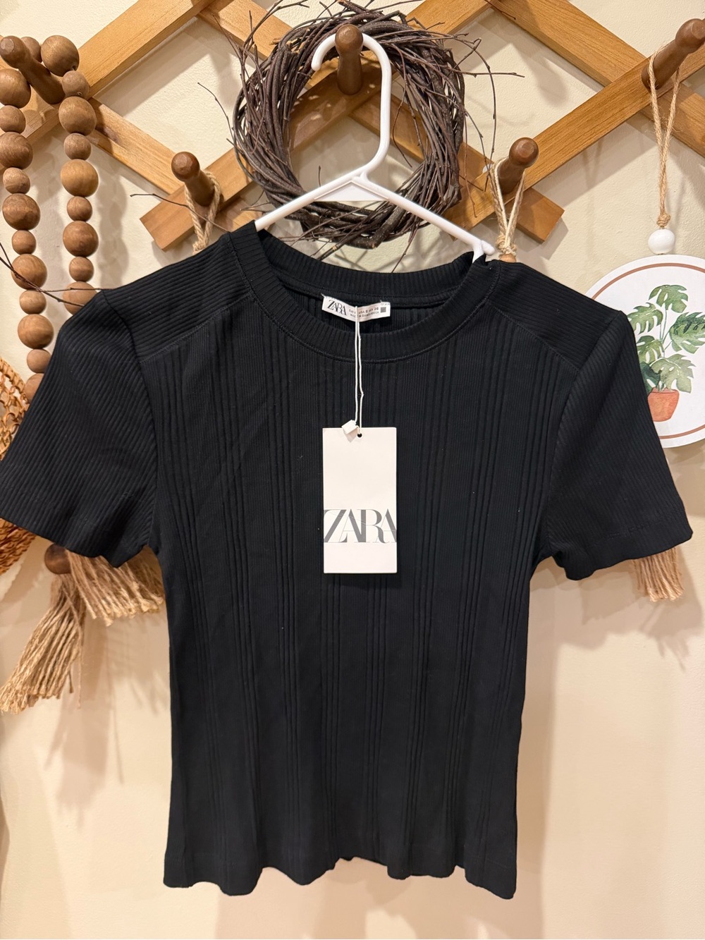 ZARA Black Ribbed Short-Sleeve Knit Top